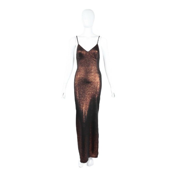 Future Ozbek Bronze Metallic Bralette Slip Dress High Slit US 8 Made in Italy - Picture 1 of 15